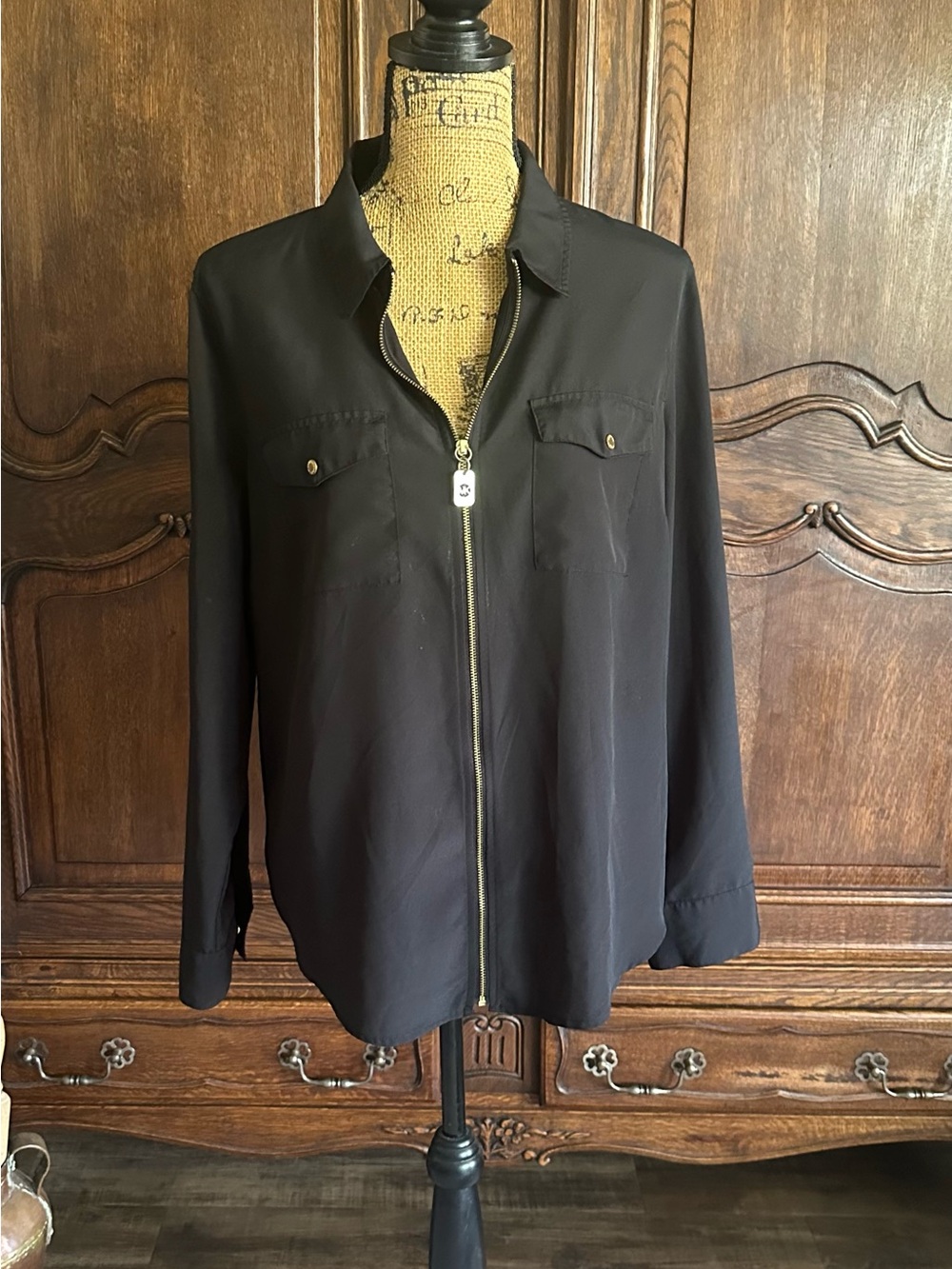 Michael Kors Black Zip-Front Shirt Jacket with Gold Hardware